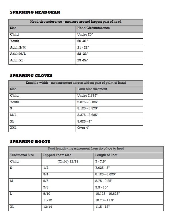 Sparring Gear Size Guide